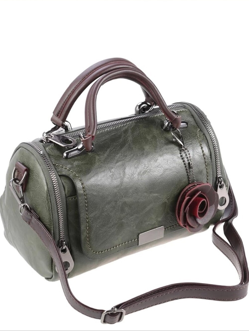 Stylish Olive Green Women’s Satchel with Rose Charm